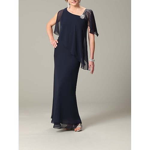

Linjeform Kjole til brudens mor Enkel Elegant Halsbåt Ankellengde Chiffon Kortermet med Drapert Krystallbrosje 2023