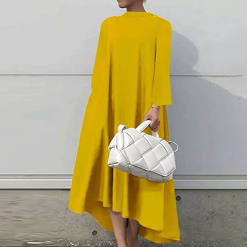 

Women's Work Dress Swing Dress Formal Dress Long Dress Maxi Dress Black Yellow Red Long Sleeve Pure Color Plus High Low Winter Fall Spring Stand Collar Fashion Office Loose Fit 2023 S M L XL XXL