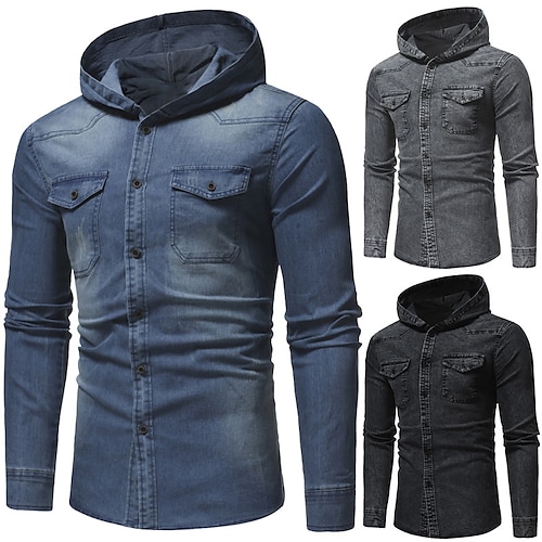 

Men's Shirt Jeans Shirt Button Up Shirt Denim Shirt Casual Shirt Plain Hooded Black Blue Gray Street Casual Long Sleeve Button-Down Clothing Apparel Cotton Denim Fashion Classic Comfortable