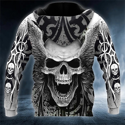 Men s Pullover Hoodie Sweatshirt Gray Hooded Skull Graphic Prints