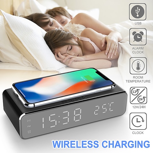 

Upgrade Digital Alarm Clock Wireless Charger Temperature and Humidity LED Electronic Clock Display Table Clock With Night Light