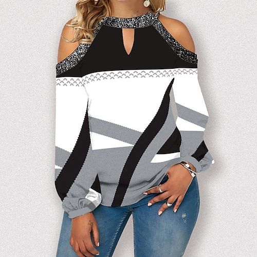 

Women's Shirt Blouse Grass Green Light Green Pink Geometric Cut Out Print Long Sleeve Casual Basic Round Neck Regular Geometric S