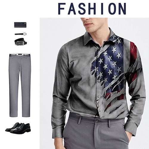 

Men's Shirt Graphic Prints National Flag Turndown Gray Outdoor Street Long Sleeve Button-Down Print Clothing Apparel Fashion Designer Casual Soft