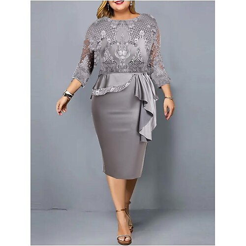 

Women's Plus Size Party Dress Floral Crew Neck Lace 3/4 Length Sleeve Winter Fall Stylish Elegant Mature Midi Dress Formal Party Dress