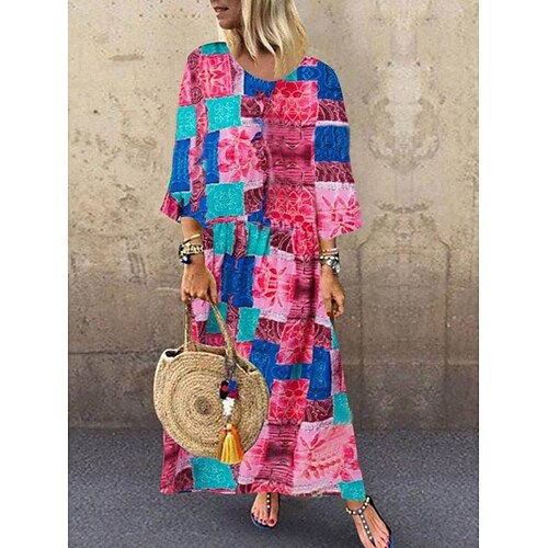 

Women's Casual Dress Linen Dress Vintage Dress Long Dress Maxi Dress Red Blue 3/4 Length Sleeve Graphic Print Winter Fall Spring Crew Neck Classic Daily Weekend 2023 Style M L XL 2XL 3XL 4XL 5XL