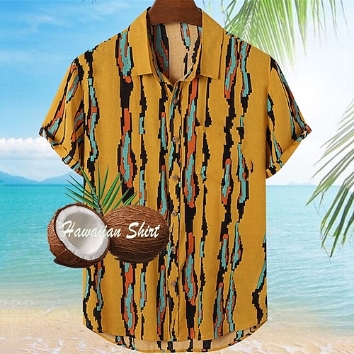 

Men's Shirt Striped Graphic Prints Turndown Yellow 3D Print Street Casual Short Sleeves Button-Down Print Clothing Apparel Tropical Fashion Designer Hawaiian