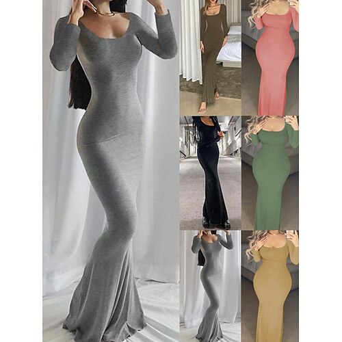 

damen partykleid bodycon etuikleid langes kleid maxikleid schwarz rosa braun langarm rein farbe gerafft winter herbst frühling u-ausschnitt mode daten urlaub 2023 s m l