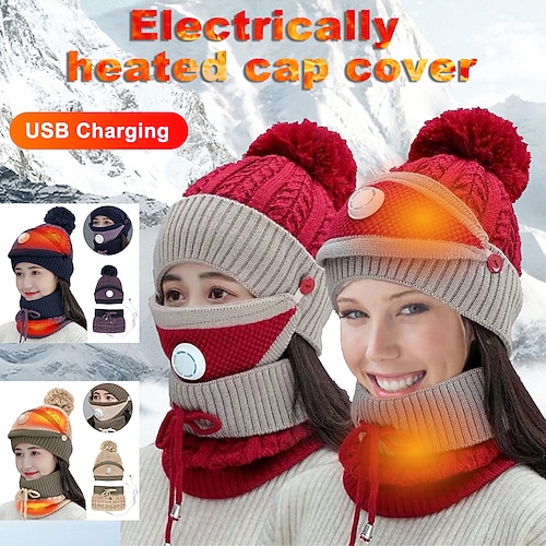 

USB electric heating warm heating hat outdoor knit cap mask bib three-piece fall/winter cap bib cross border