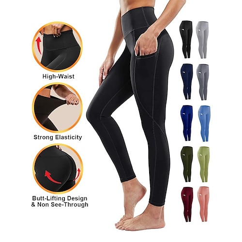 

Women's Compression Tights Leggings Side Pockets Bottoms Athletic Athleisure Cotton Tummy Control Butt Lift Breathable Running Jogging Training Sportswear Activewear Solid Colored Deep Green Black