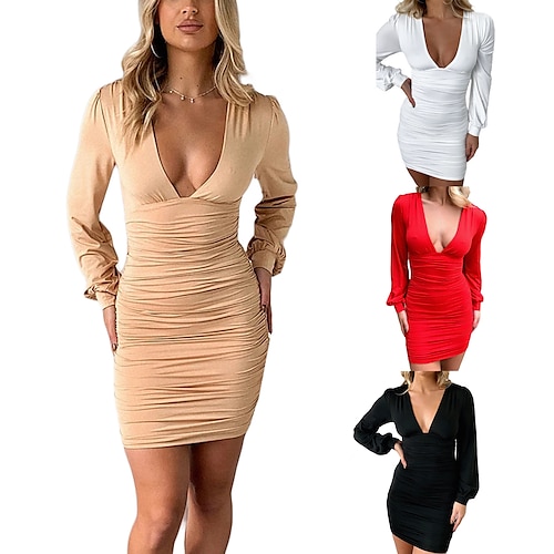 

Women's Party Dress Bodycon Sheath Dress Mini Dress Black White Red Long Sleeve Pure Color Ruched Winter Fall Spring V Neck Fashion Party 2023 S M L XL XXL