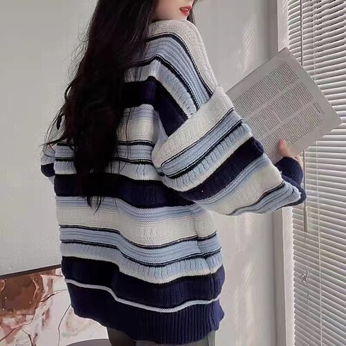 

Mulheres Pulôver Saltador Waffle Tricotar Vazado Listrado Gola Redonda Casual Diário Final de semana Inverno Outono Azul Vermelho Tamanho Único