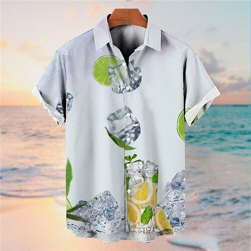 

Men's Shirt Lemon Graphic Prints Ice cube Turndown Purple Green 3D Print Street Daily Short Sleeves Button-Down Print Clothing Apparel Tropical Fashion Designer Hawaiian