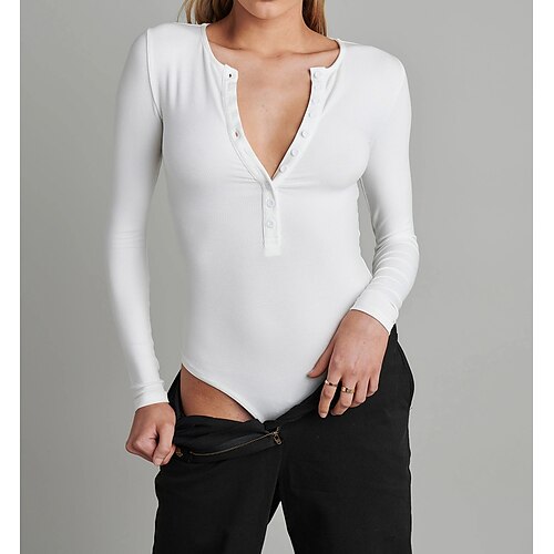 

Women's Bodysuit Black White Light Green Plain Button Long Sleeve Casual Basic Round Neck S