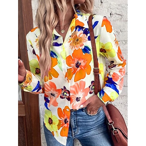 

Women's Shirt Blouse Purple Orange Red Floral Button Print Long Sleeve Casual Holiday Basic Shirt Collar Regular Floral S