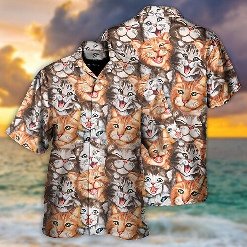 

Men's Shirt Summer Hawaiian Shirt Animal Cat Graphic Prints Turndown Yellow Casual Holiday Short Sleeve Button-Down Print Clothing Apparel Tropical Fashion Hawaiian Soft