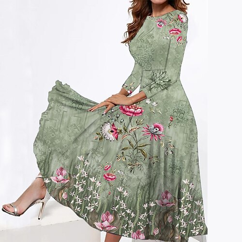 

Women's Casual Dress Swing Dress Midi Dress Light Green Blue Dark Green Long Sleeve Flower Pocket Winter Fall Spring Crew Neck Fashion Daily Weekend 2022 S M L XL XXL 3XL
