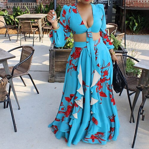 

Women's Two Piece Dress Swing Dress Long Dress Maxi Dress yellow-green Sky Blue Orange Long Sleeve Flower Lace up Winter Fall Spring Deep V Modern Daily Weekend 2023 S M L XL 2XL 3XL