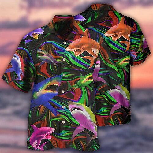 

Men's Shirt Summer Hawaiian Shirt Shark Graphic Prints Turndown Rainbow Casual Holiday Short Sleeve Button-Down Print Clothing Apparel Tropical Fashion Hawaiian Soft