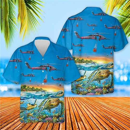 

Herren Hemd Hawaiihemd Sommerhemd Grafik-Drucke Flugzeug Meereslebewesen Umlegekragen Blau Casual Festtage Kurzarm Button-Down Bedruckt Bekleidung Tropisch Modisch Hawaiianisch Weich