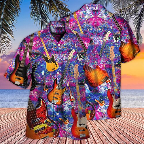 

Men's Shirt Summer Hawaiian Shirt Graphic Prints Guitar Turndown Purple Casual Holiday Short Sleeve Button-Down Print Clothing Apparel Tropical Fashion Hawaiian Soft