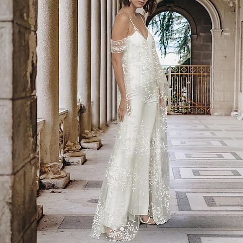 

Spiaggia / Destinazione Informale Boho Abiti da sposa Lungo Tute Manica corta Con bretelline Di pizzo Con Con applique 2023 Primavera estate Abiti da sposa