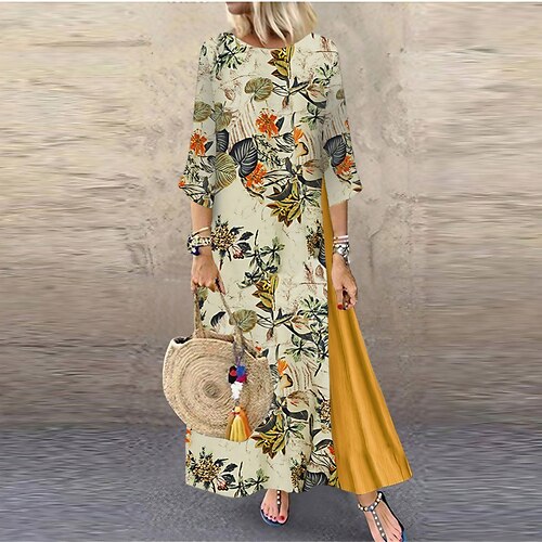 

Women's Casual Dress Ethnic Dress Swing Dress Long Dress Maxi Dress Navy Blue Purple Orange 3/4 Length Sleeve Floral Ruched Fall Spring Crew Neck Fashion Daily Loose Fit 2023 S M L XL XXL 3XL