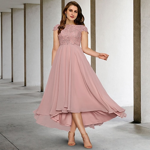 

A-linje Plus Size Curve Mother of the Bride-kjoler Elegant Kjole Formell Asymmetrisk Kortermet Besmykket Chiffon med Plissert Appliqué 2023