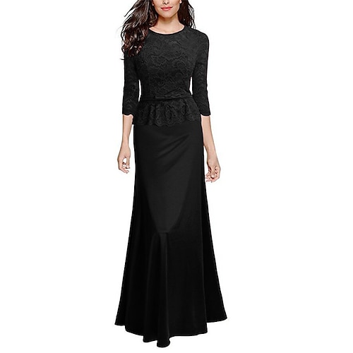 

robe longue Femme robe soirée Manches 3/4 Hiver Automne Printemps - Mode Moderne Dentelle Couleur monochrome Col Ras du Cou Soirée Robe de printemps 2023 Noir S M L