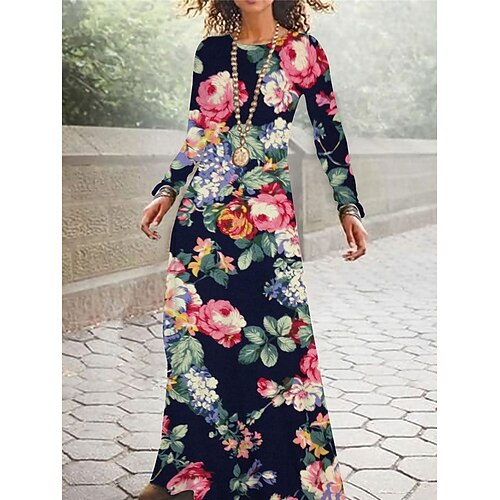 

Women's Casual Dress Shift Dress Long Dress Maxi Dress Navy Blue Blue Purple Long Sleeve Butterfly Print Winter Fall Spring Crew Neck Fashion Daily 2022 S M L XL XXL 3XL 4XL 5XL