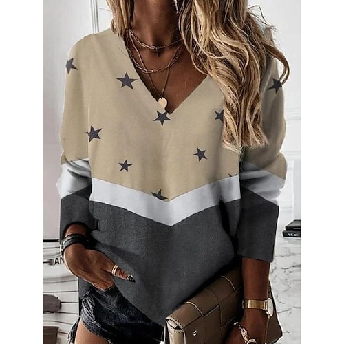 

Women's T shirt Tee Wine Red Blue Green Star Print Long Sleeve Daily Weekend Basic Round Neck Regular Geometric Painting S