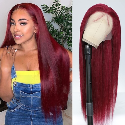 

99j parrucche anteriori in pizzo bordeaux capelli umani pre pizzicati 13x4 lisci 99j parrucca di capelli umani con capelli del bambino 150% densità vino rosso parrucca colorata dritta 99j parrucca