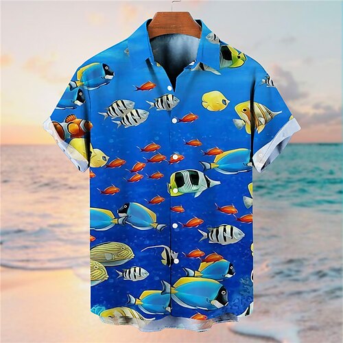 

Homens Camisa Social Estampas Abstratas Peixes Aberto para a Lateral Amarelo Azul Impressão 3D Rua Diário Manga Curta Botão para baixo Imprimir Roupa Tropical Moda Designer Havaiana