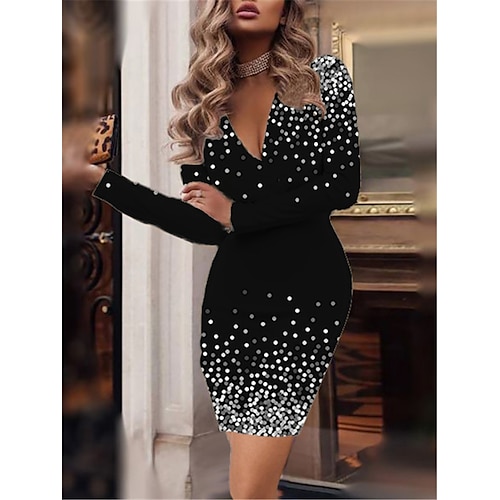 

Mujer vestido de trabajo Corte Bodycon Vestido tubo Mini vestido Negro Manga Larga A Lunares Estampado Invierno Otoño Primavera Escote en Pico Moda Oficina Diario Delgado 2023 XS S M L XL XXL 3XL 4XL