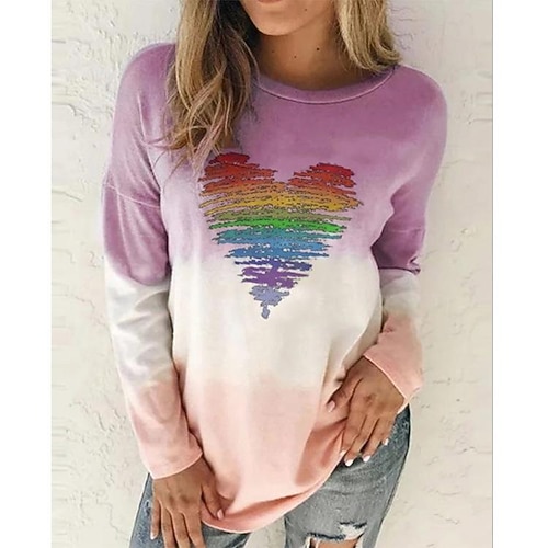 

Women's T shirt Tee Purple Orange Grey Leopard Heart Print Long Sleeve Casual Basic Round Neck Regular Cotton S