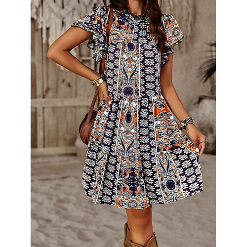 

Damen Casual kleid Schaukelkleid Boho-Kleid Minikleid Grün Dunkelblau Beige Kurzarm Graphic Bedruckt Sommer Frühling Rundhalsausschnitt Modisch Urlaub herbstkleider Frühlingskleid Lockere Passform