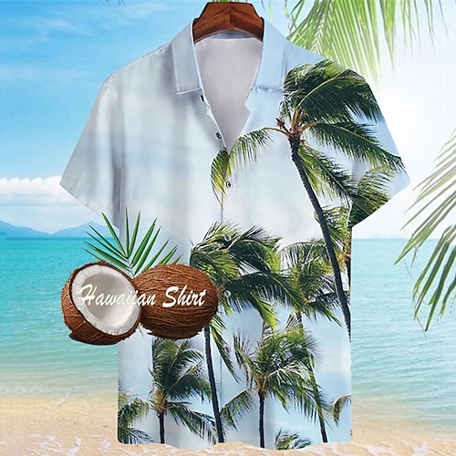 

Men's Shirt Coconut Tree Graphic Prints Turndown Blue 3D Print Street Casual Short Sleeves Button-Down Print Clothing Apparel Tropical Fashion Designer Hawaiian