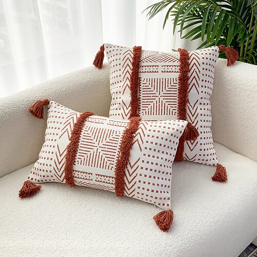 

Tufted Ethnic Pillow Cover Soft Decorative Red Tassel Cushion Case Pillowcase for Bedroom Livingroom Sofa Couch Chair Superior Quality