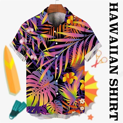 

Men's Shirt Summer Hawaiian Shirt Graphic Prints Leaves Turndown Blue Purple Street Casual Short Sleeves Button-Down Print Clothing Apparel Tropical Fashion Hawaiian Designer