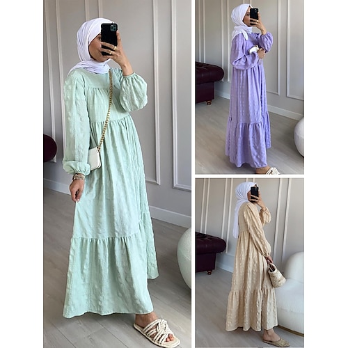 

Dame Uformell kjole Swingkjole Kaftan-kjole Lang kjole Maxikjole Lysegrønn Lilla Aprikos Langermet Ren farge Rynket Sommer Vår Crew-hals muslim Feriereise 2023 S M L XL XXL