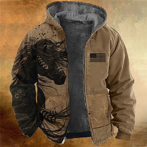 

Herren Kapuzenshirt mit durchgehendem Reißverschluss Jacke Khaki Mit Kapuze Pferd Grafik-Drucke Nationalflagge Zip Bedruckt Sport Natur Täglich Sport 3D-Druck Vlies Vintage Designer Casual Winter