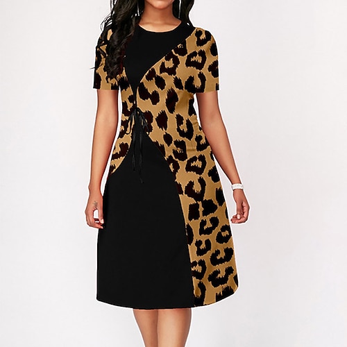 

Damen Arbeitskleidung Formelle Kleidung Midikleid Schwarz Kurzarm Leopard Bedruckt Sommer Frühling Rundhalsausschnitt Modisch B¨¹ro 2023 S M L XL XXL 3XL