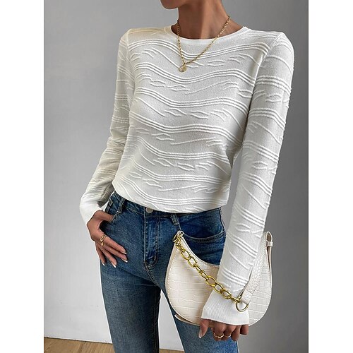 

Women's Shirt Blouse White Plain Crochet Long Sleeve Casual Basic Round Neck Regular S