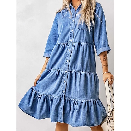 

Women's Denim Dress Shirt Dress Casual Dress Midi Dress Outdoor Daily Going out Denim Fashion Casual Shirt Collar Button 3/4 Length Sleeve Summer Spring Fall 2023 Loose Fit Blue Pure Color S M L XL