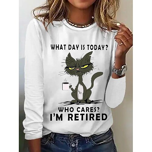 

Women's T shirt Tee White Blue Beige Cat Text Print Long Sleeve Daily Weekend Basic Round Neck Regular Cat Painting S