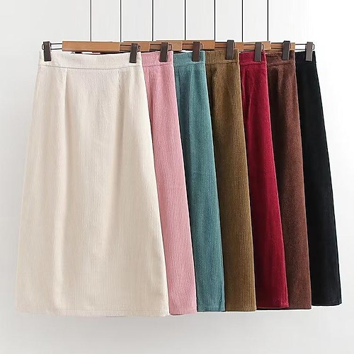 

Women's Swing Long Skirt Midi Corduroy dark brown Black Pink Red Skirts Split Ends Long Casual Daily One-Size