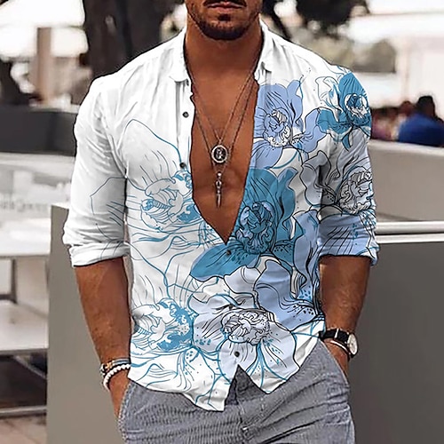 

Hombre Camisa Floral Estampados Cuello Vuelto Azul Piscina Amarillo Impresión 3D Exterior Calle Manga Larga Abotonar Estampado Ropa Moda Design Casual Suave