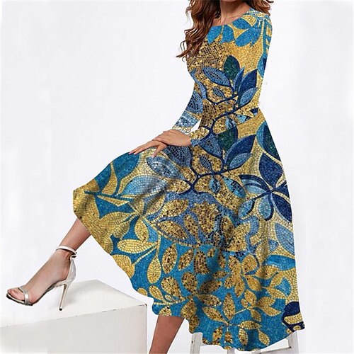 

Women's Casual Dress Swing Dress Midi Dress Blue Long Sleeve Leaf Pocket Winter Fall Spring Crew Neck Fashion Daily Weekend 2022 S M L XL XXL 3XL