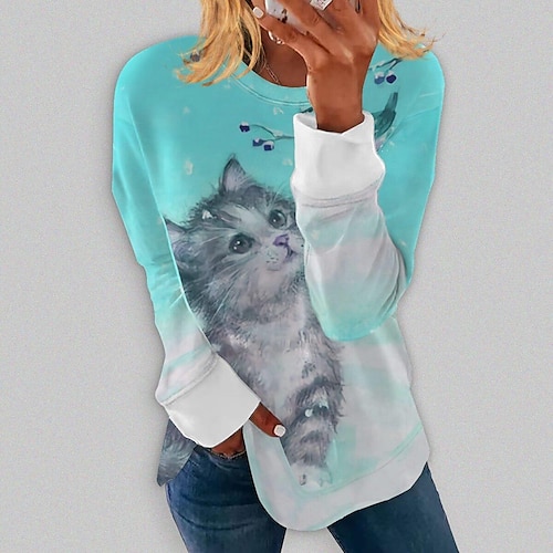 

Mujer Camiseta Amarillo Rosa Rojo Gato Estampado Manga Larga Diario Fin de semana Básico Escote Redondo Regular Gato 3D Pintura S