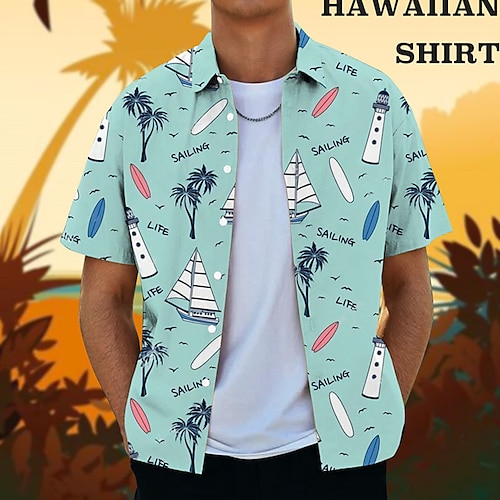 

Men's Shirt Summer Hawaiian Shirt Letter Coconut Tree Graphic Prints Boat Turndown Blue Green Street Casual Short Sleeves Button-Down Print Clothing Apparel Tropical Fashion Hawaiian Designer