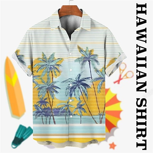 

Men's Shirt Summer Hawaiian Shirt Coconut Tree Striped Graphic Prints Turndown Yellow Green Street Casual Short Sleeves Button-Down Print Clothing Apparel Tropical Fashion Hawaiian Designer